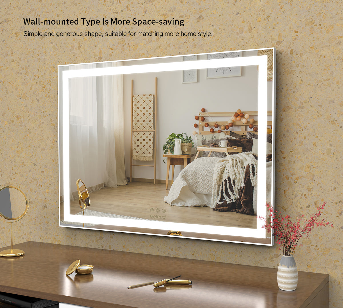 Lighted Large Tabletop Vanity Mirror with LED Backlit Lights for Dressing Room & Bedroom - Goteud