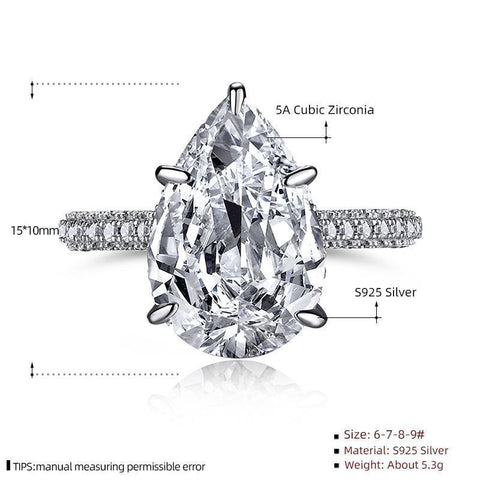 Elegant 925 Sterling Silver Water Drop Pear-Shaped Zircon Ring3