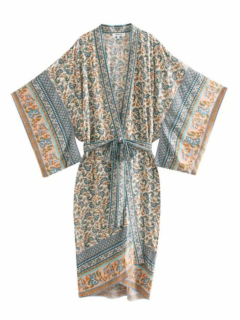 Vintage Chic Women Floral Print Bat Sleeve Rayon Beach Bohemian Kimono Robe Ladies V Neck Sashes Summer Boho Bikini Cover-Ups