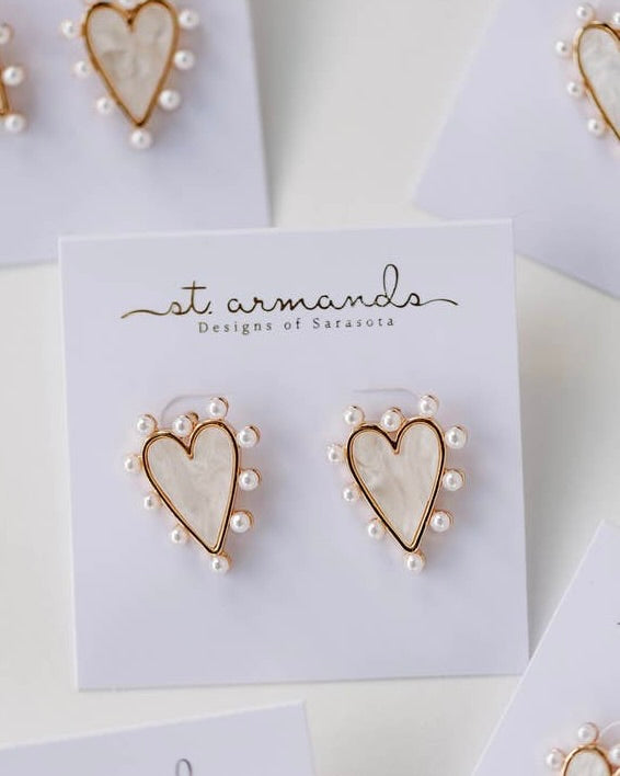 Pearl Studded Pink Tortoise Heart Earrings