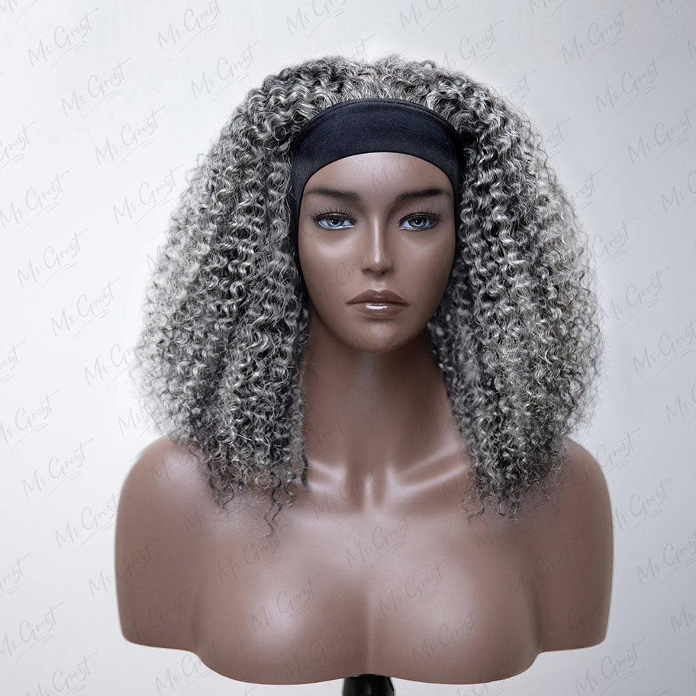 Grey Coily Human Hair Headband Wig??-GHBW001