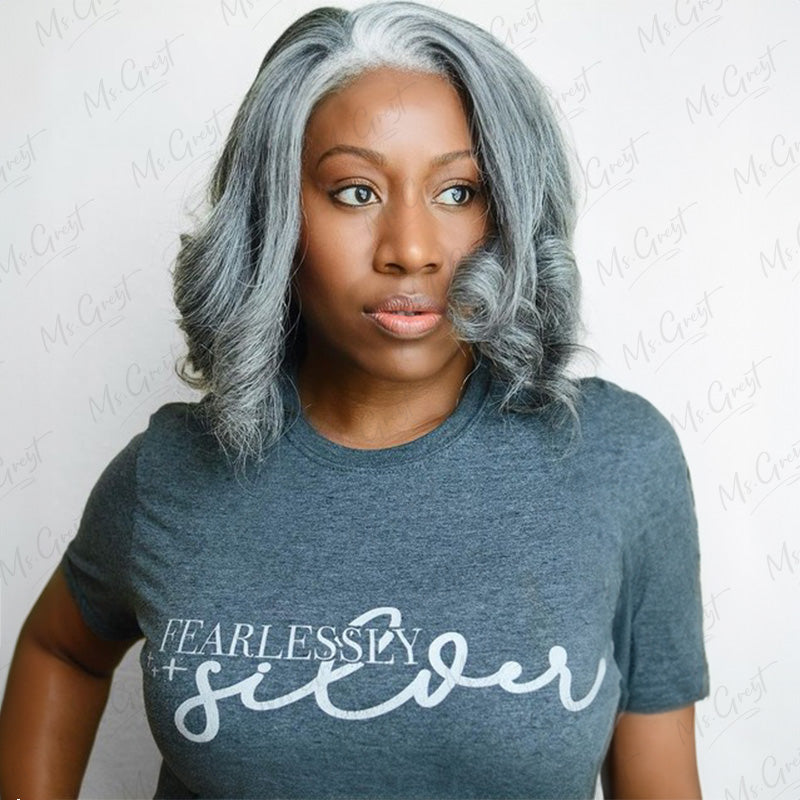 Side Part Layered Short Wavy Grey Human Hair Lace Front Wig??-GLFW010S