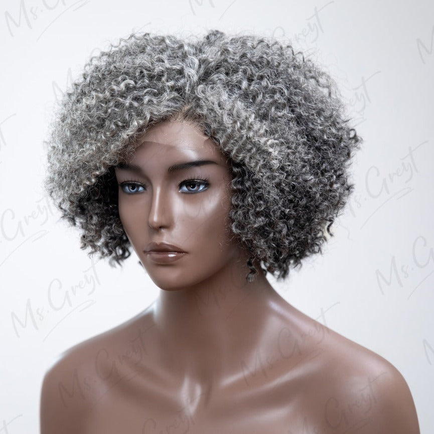 Short Layered Gray Curly Human Hair Lace Front Wig??-GLFW009S