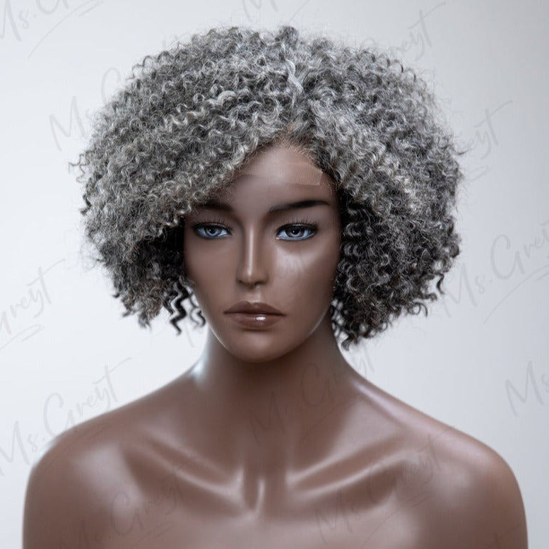 Short Layered Gray Curly Human Hair Lace Front Wig??-GLFW009S