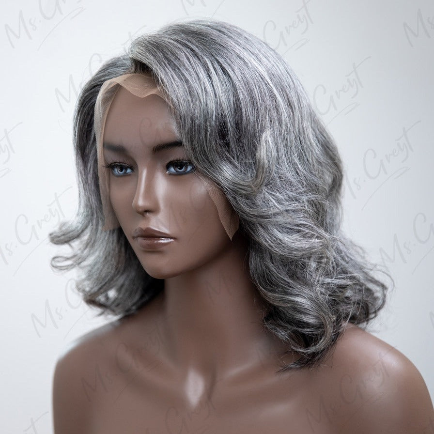 Side Part Layered Short Wavy Grey Human Hair Lace Front Wig??-GLFW010S