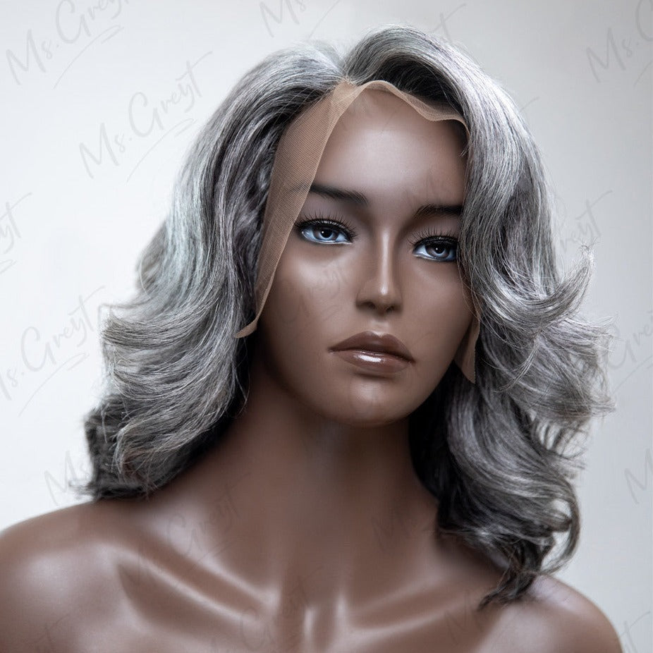 Side Part Layered Short Wavy Grey Human Hair Lace Front Wig??-GLFW010S