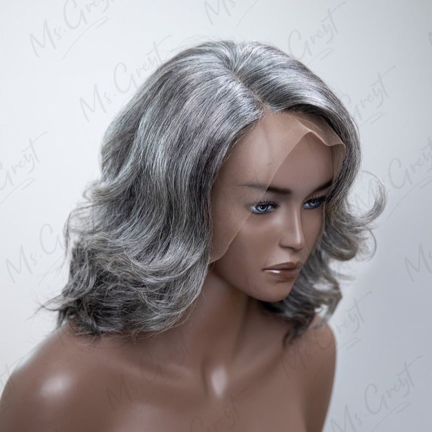 Side Part Layered Short Wavy Grey Human Hair Lace Front Wig??-GLFW010S