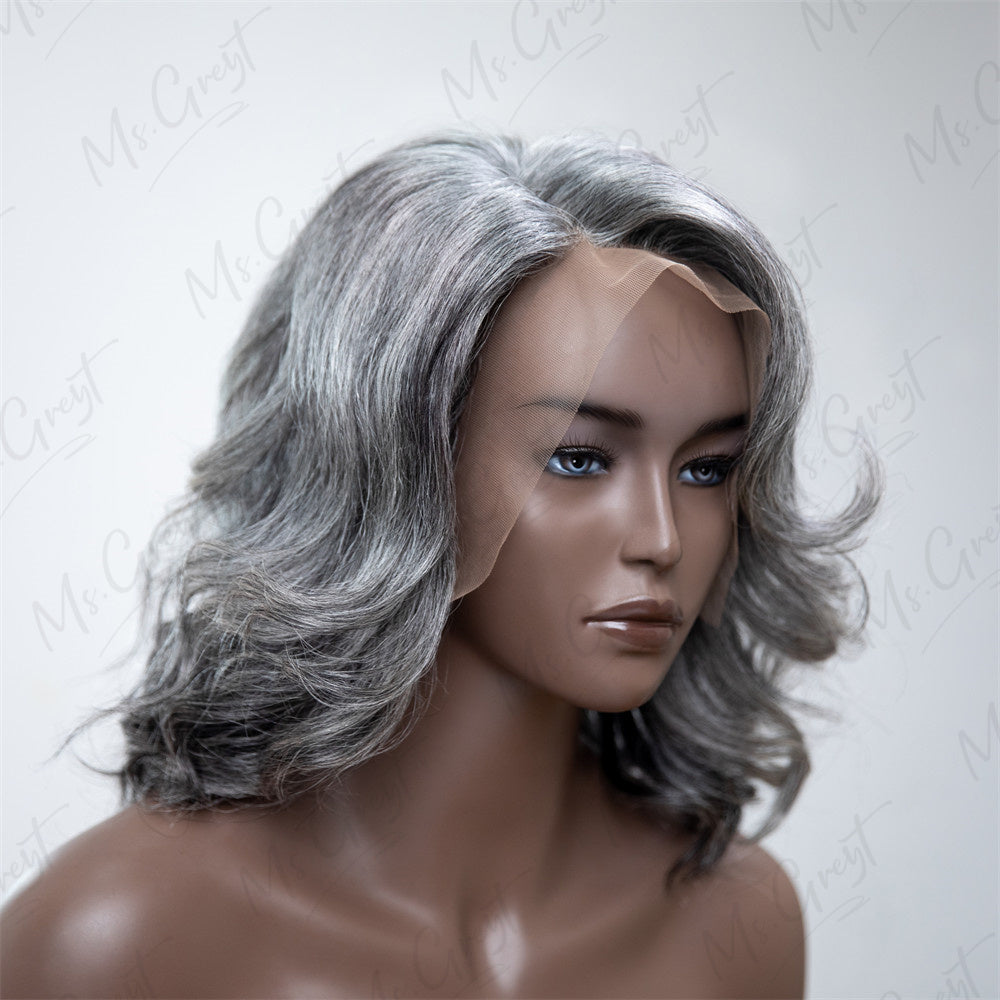 Side Part Layered Short Wavy Grey Human Hair Lace Front Wig??-GLFW010S