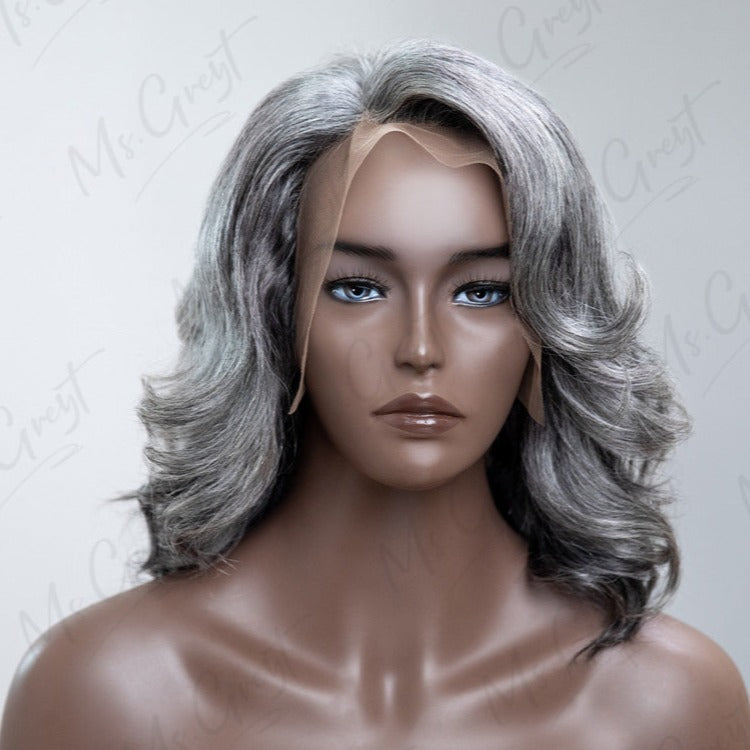 Side Part Layered Short Wavy Grey Human Hair Lace Front Wig??-GLFW010S