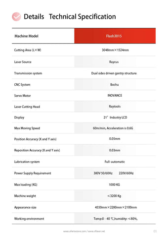 technical parameters of flash series classical fiber laser cutter for metal sheet
