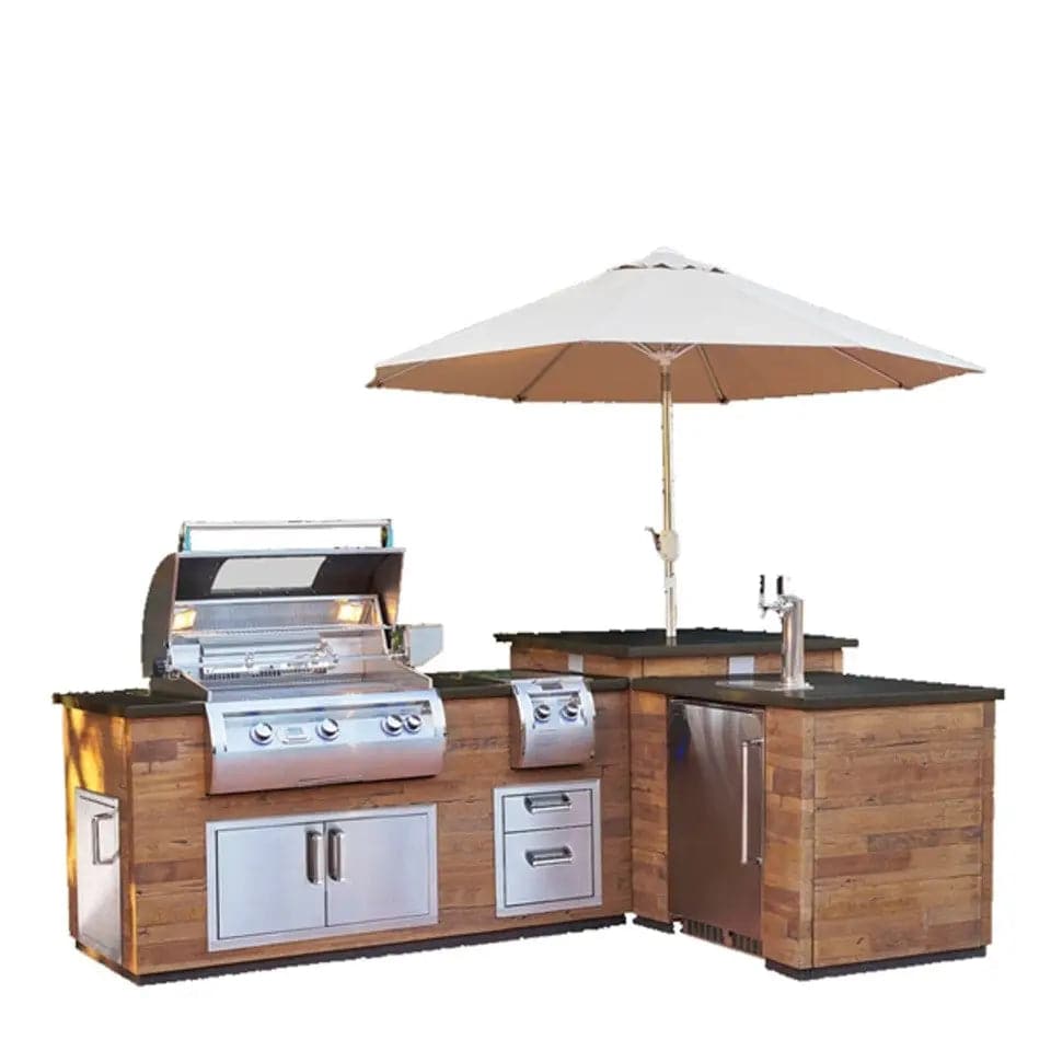 FM IL660 French Barrel Oak L- Shaped Reclaimed Wood Island with Refrigerator Cut-Out - IL660FOR116BA **