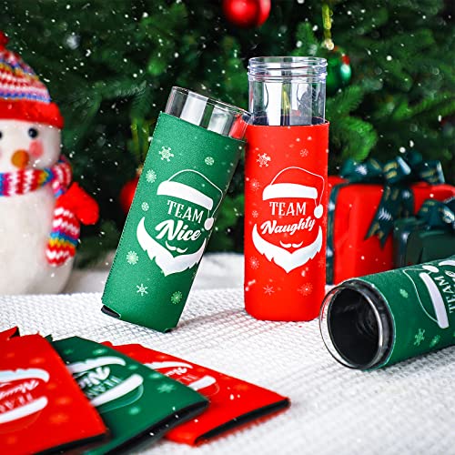 12 Pcs 12 oz Christmas Beer Can Coolers Sleeves Team Naughty Nice Beer Sleeves Neoprene Slim Beer Can Cooler Red Green Neoprene Drink Holders for Canned Beverages Bottle Drink Party