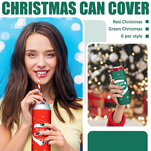 12 Pcs 12 oz Christmas Beer Can Coolers Sleeves Team Naughty Nice Beer Sleeves Neoprene Slim Beer Can Cooler Red Green Neoprene Drink Holders for Canned Beverages Bottle Drink Party