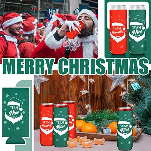 12 Pcs 12 oz Christmas Beer Can Coolers Sleeves Team Naughty Nice Beer Sleeves Neoprene Slim Beer Can Cooler Red Green Neoprene Drink Holders for Canned Beverages Bottle Drink Party