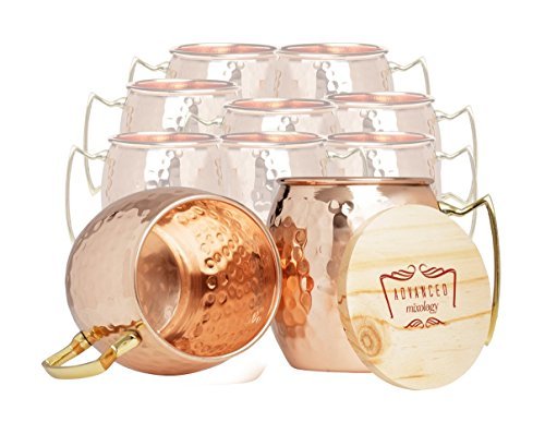 Advanced Mixology Set of 10 100% Pure Copper Moscow Mule Mugs (16 oz each) with 10 Artisan Hand Crafted Wooden Coasters - Barrel With Brass Handle