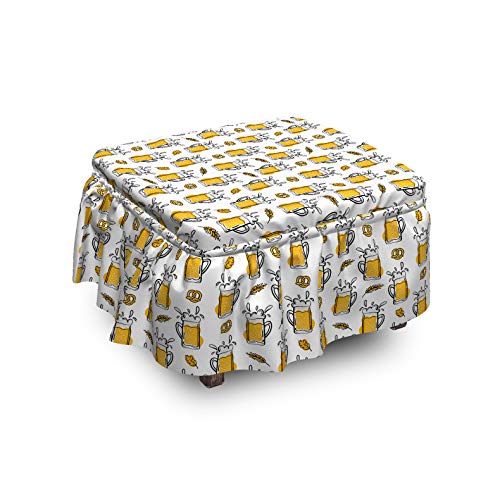 Ambesonne Beer Ottoman Cover, Alcoholic Drink in Mug Pattern, 2 Piece Slipcover Set with Ruffle Skirt for Square Round Cube Footstool Decorative Home Accent, Standard Size, Orange Charcoal Grey