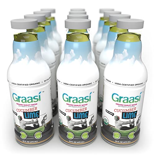 Graasi | Organic Barley Grass Water | Functional | Hydration | USDA Certified | NON-GMO | Gluten-Free | Plant-Based | Vegan | Cucumber Lime | 35 calories | 12 pack bottles | 16 oz each