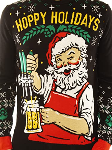 Ugly Christmas Party Sweater Unisex - Hoppy Holidays Santa Beer Drinking-Large Hoppy Holidays Black