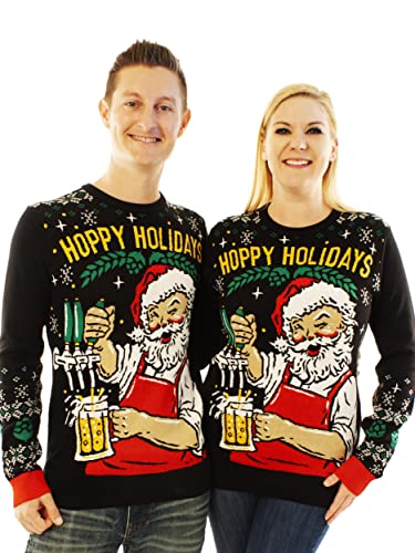 Ugly Christmas Party Sweater Unisex - Hoppy Holidays Santa Beer Drinking-Large Hoppy Holidays Black