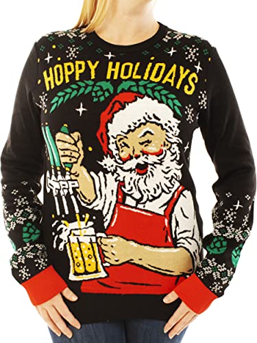 Ugly Christmas Party Sweater Unisex - Hoppy Holidays Santa Beer Drinking-Large Hoppy Holidays Black