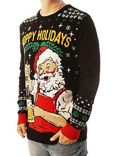 Ugly Christmas Party Sweater Unisex - Hoppy Holidays Santa Beer Drinking-Large Hoppy Holidays Black