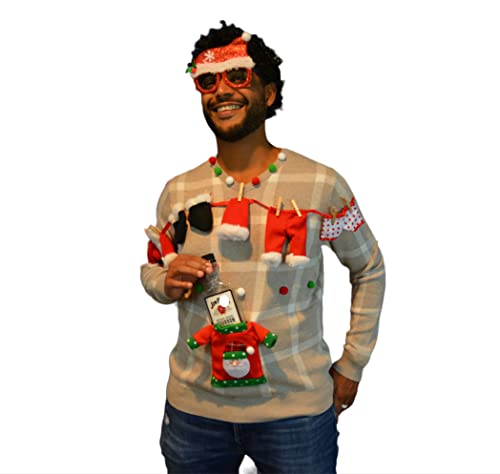 Ugly Christmas Sweater, Mens, Liquor, Beer holder, alcohol, Santas laundry, party pocket, contest winner (L, grey)