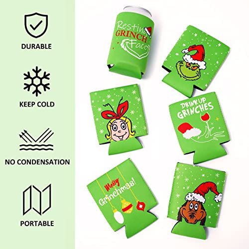 Whaline 12Pcs Christmas Can Sleeves Red Green Merry Christmas Can Covers 12 oz Reusable Xmas Character Neoprene Thermocoolers for Beverages Cans Bottles Xmas Winter Party Favors Decor