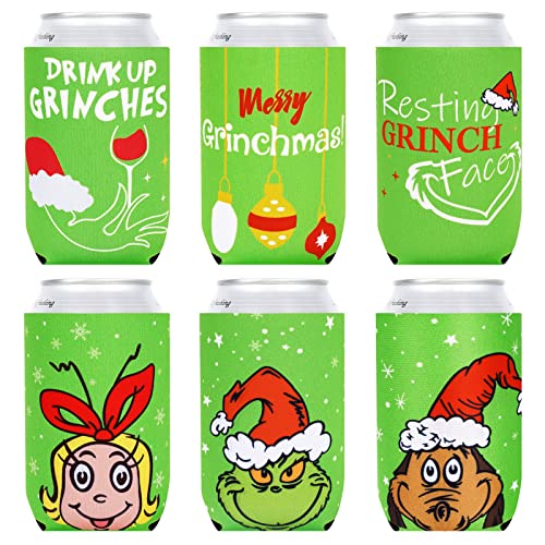 Whaline 12Pcs Christmas Can Sleeves Red Green Merry Christmas Can Covers 12 oz Reusable Xmas Character Neoprene Thermocoolers for Beverages Cans Bottles Xmas Winter Party Favors Decor