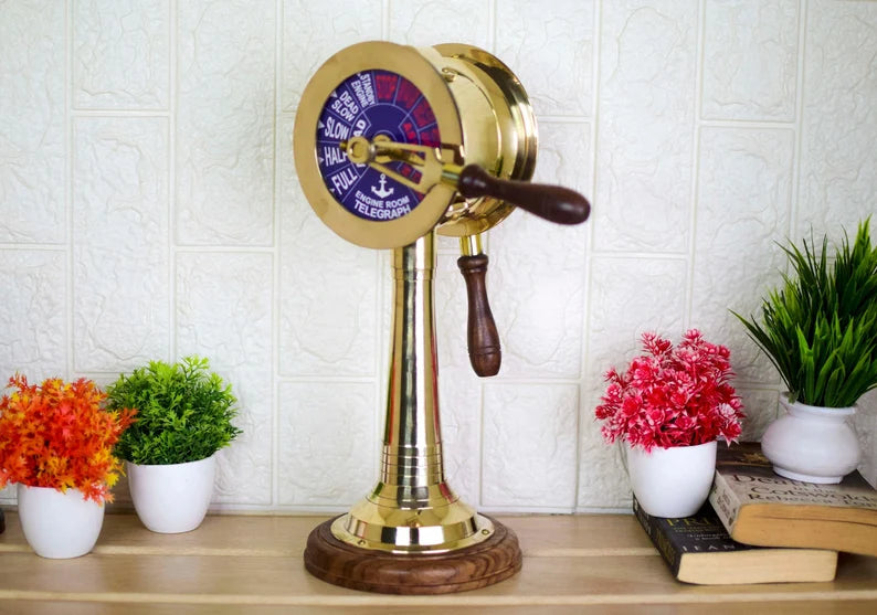 Big Telegraph Handcrafted, Brass Engine Room Order Telegraph, Bell Sound Lever Movement Wooden