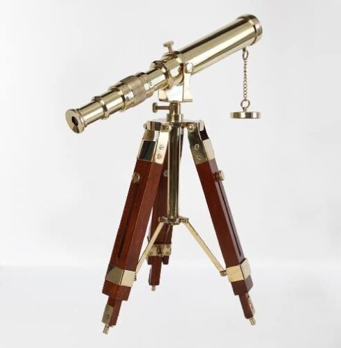 Vintage Brass Telescope With Wooden Tripod Stand DF Lens Nautical Spyglass Gift