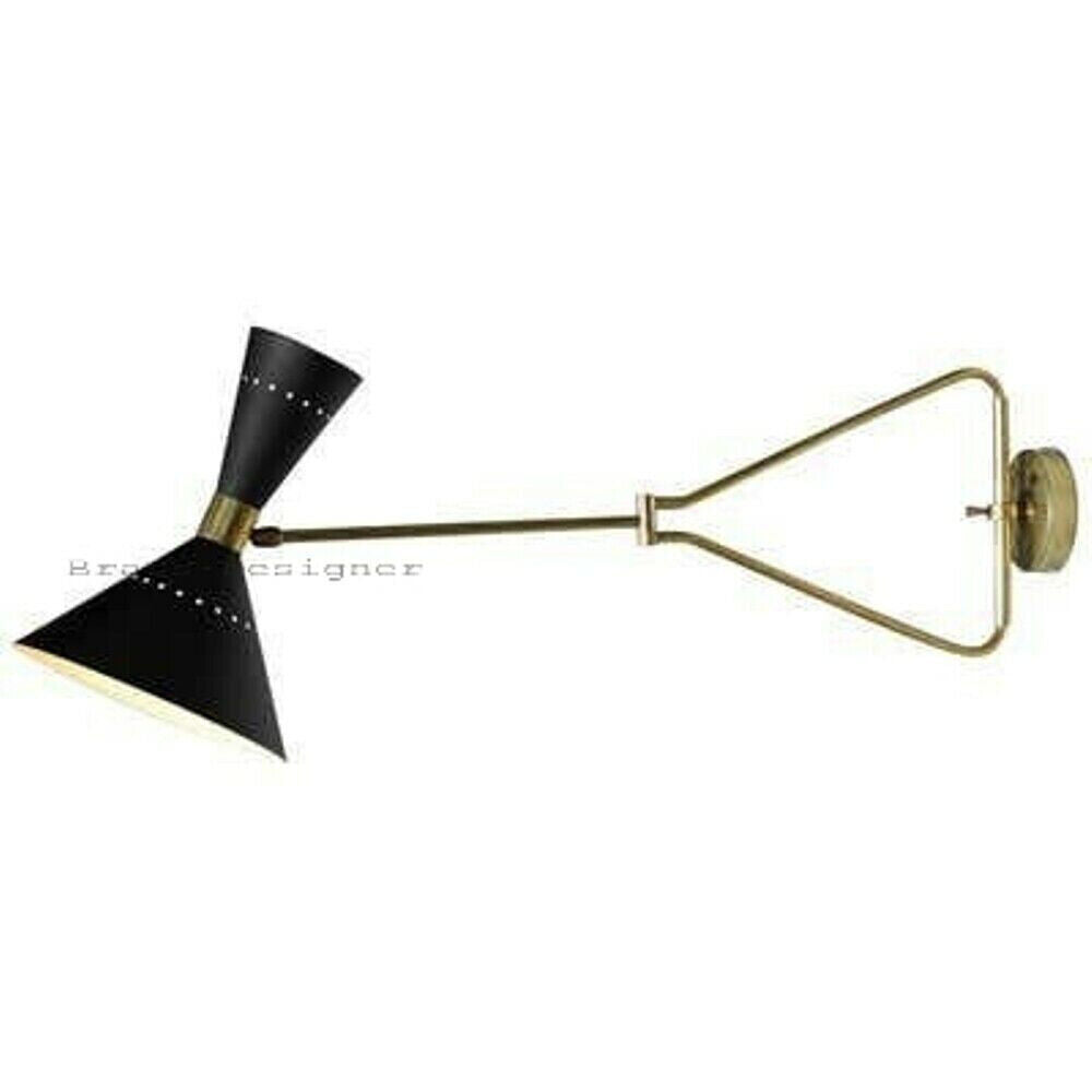 1950 Italian Brass Black Wall Lamp: Diabolo Cone, Stilnovo Sputnik Light, Swing Arm