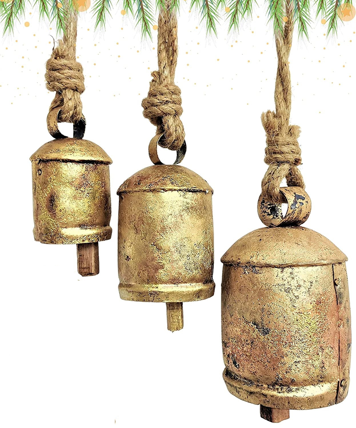 Set of 3 Harmony Cow Bells Vintage Handmade Rustic Lucky Christmas Hanging Bells On Rope