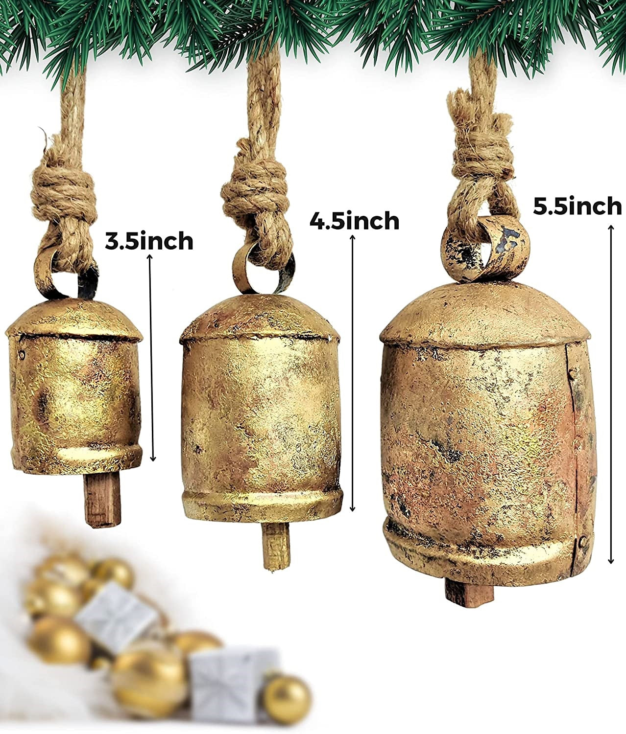 Set of 3 Harmony Cow Bells Vintage Handmade Rustic Lucky Christmas Hanging Bells On Rope