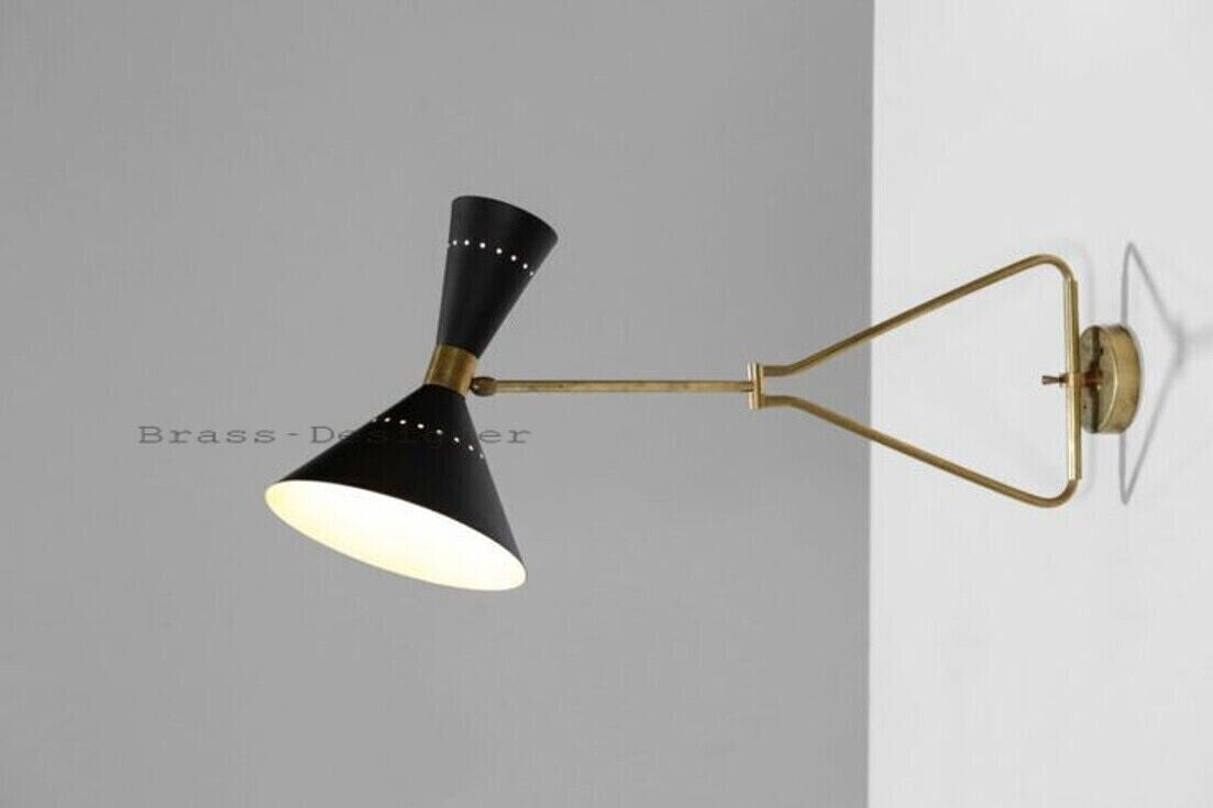 1950 Italian Brass Black Wall Lamp: Diabolo Cone, Stilnovo Sputnik Light, Swing Arm