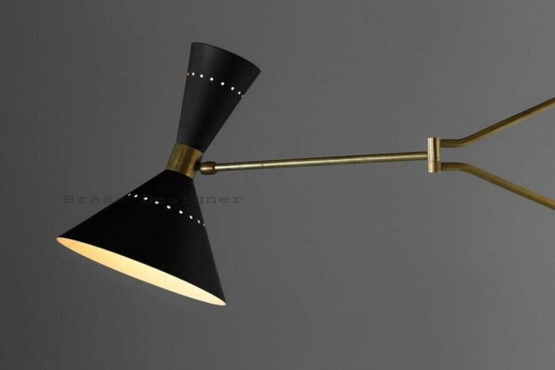 1950 Italian Brass Black Wall Lamp: Diabolo Cone, Stilnovo Sputnik Light, Swing Arm