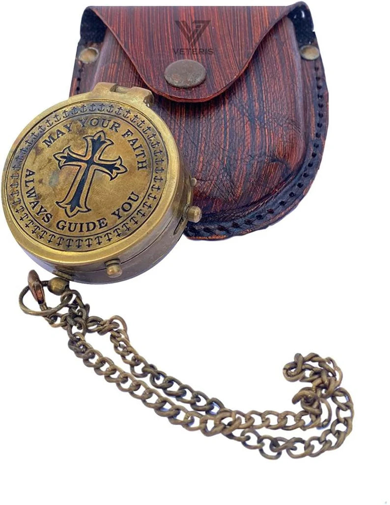 Directional Engraved Compass Working May Your Faith Always Guide You, Baptism Gifts With Leather Case or Wooden Case for Loved Ones, Son