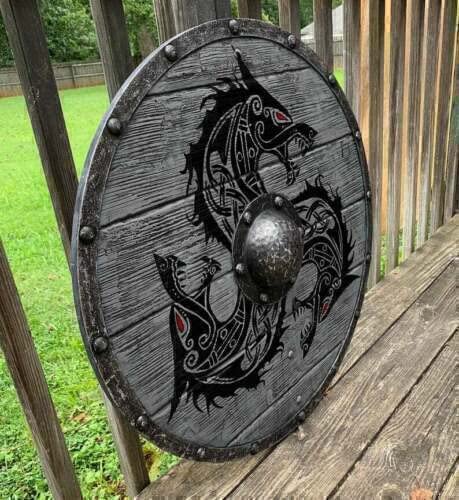 Medieval Fenrir Grey Wolf Shield Authentic Bettleworn Viking Battle Ready Shield Handmade Battle Warrior Shield