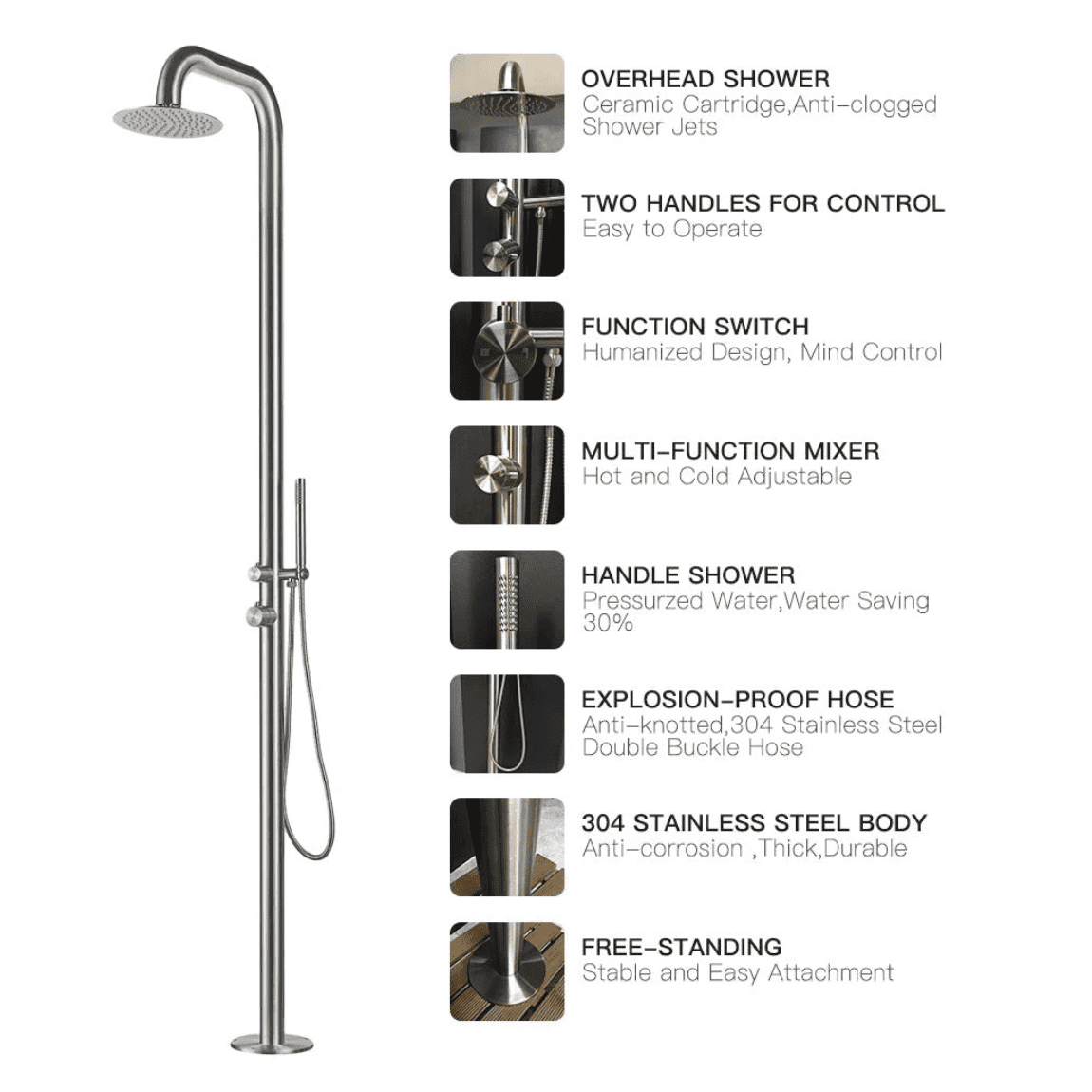 Heatgene Stainless Steel Freestanding Outdoor Shower with Handheld Shower for Outside/Swimming Pools