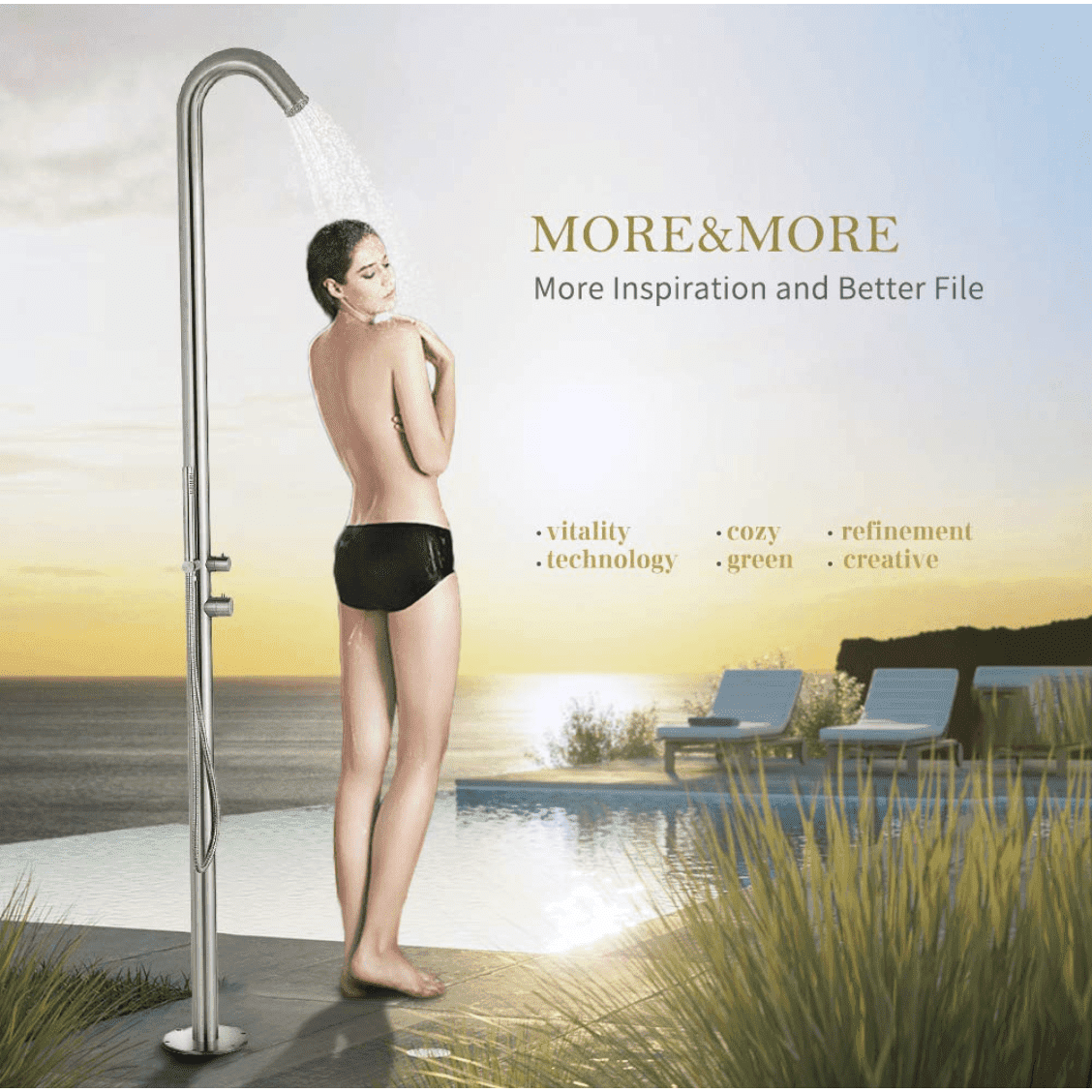 Heatgene Stainless Steel Freestanding Outdoor Shower with Handheld Shower for Outside/Swimming Pools