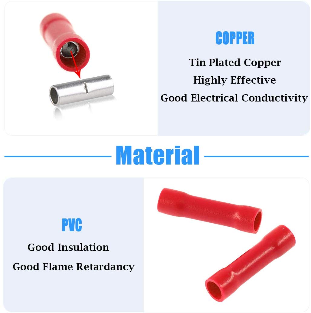 100pcs 22-16 Gauge Butt Insulated Splice Terminals Electrical Crimp Connectors