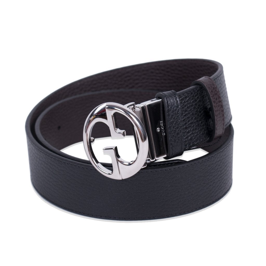 Gucci Reversible Black and Navy leather Belt with Silver Gucci logo Size 38 449715