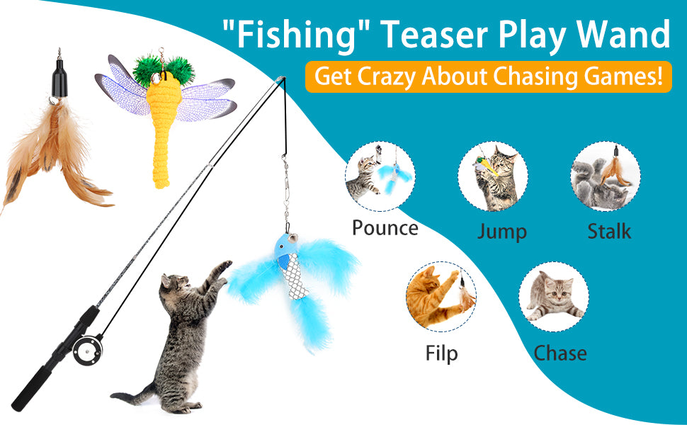 Pawaboo Cat Feather Toys, 4 Pack Interactive Cat feather Teaser Wand Toys, Retractable  Fishing Pole Wand Catcher Exerciser with Refill Fish, Dragonfly Worm with  Bells, Fun Cat Kitten Kitty Playing Toy 