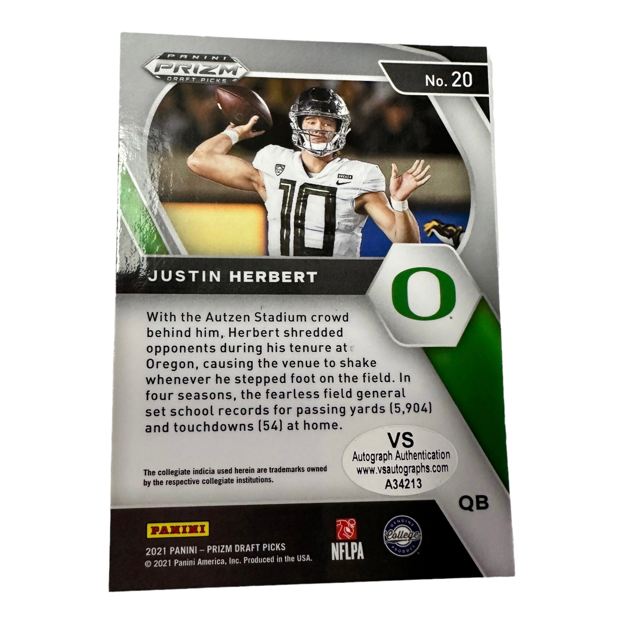 Justin Herbert Hand Signed 2021 Panini Prizm Draft Picks Card # 20 w/ COA