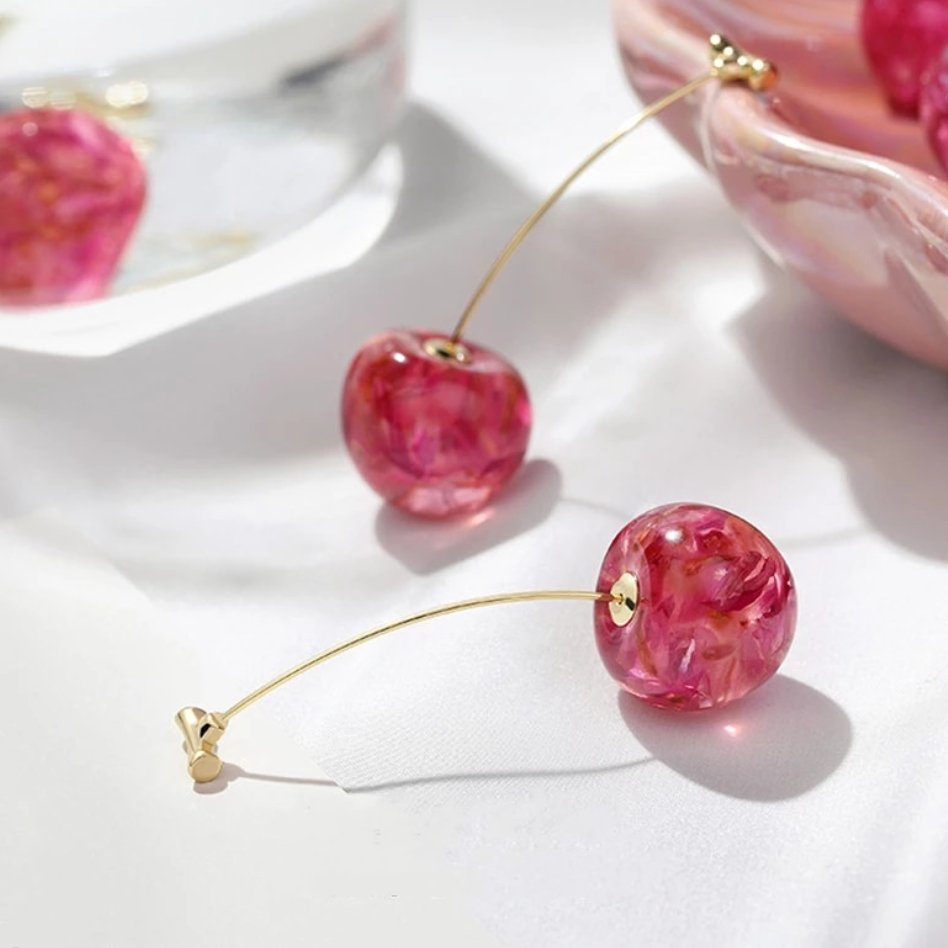 Pink Cherry Earrings Cherry Petals Inside Stud Earrings