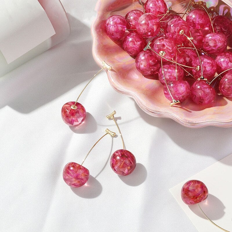 Pink Cherry Earrings Cherry Petals Inside Stud Earrings