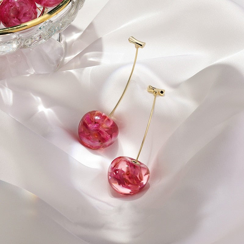 Pink Cherry Earrings Cherry Petals Inside Stud Earrings