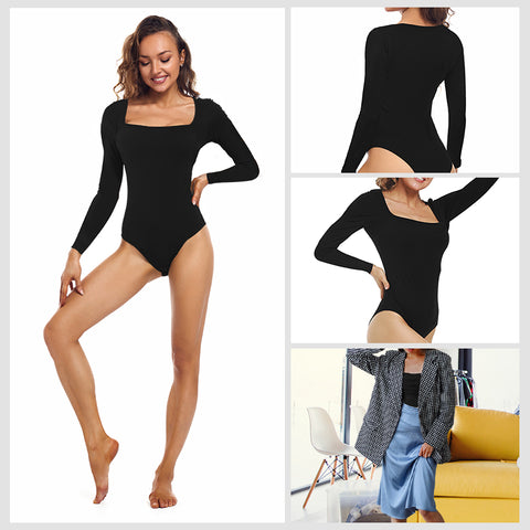 Women Square Neck Bodysuit Long Sleeve Body Suit Tan Tops Jumpsuit