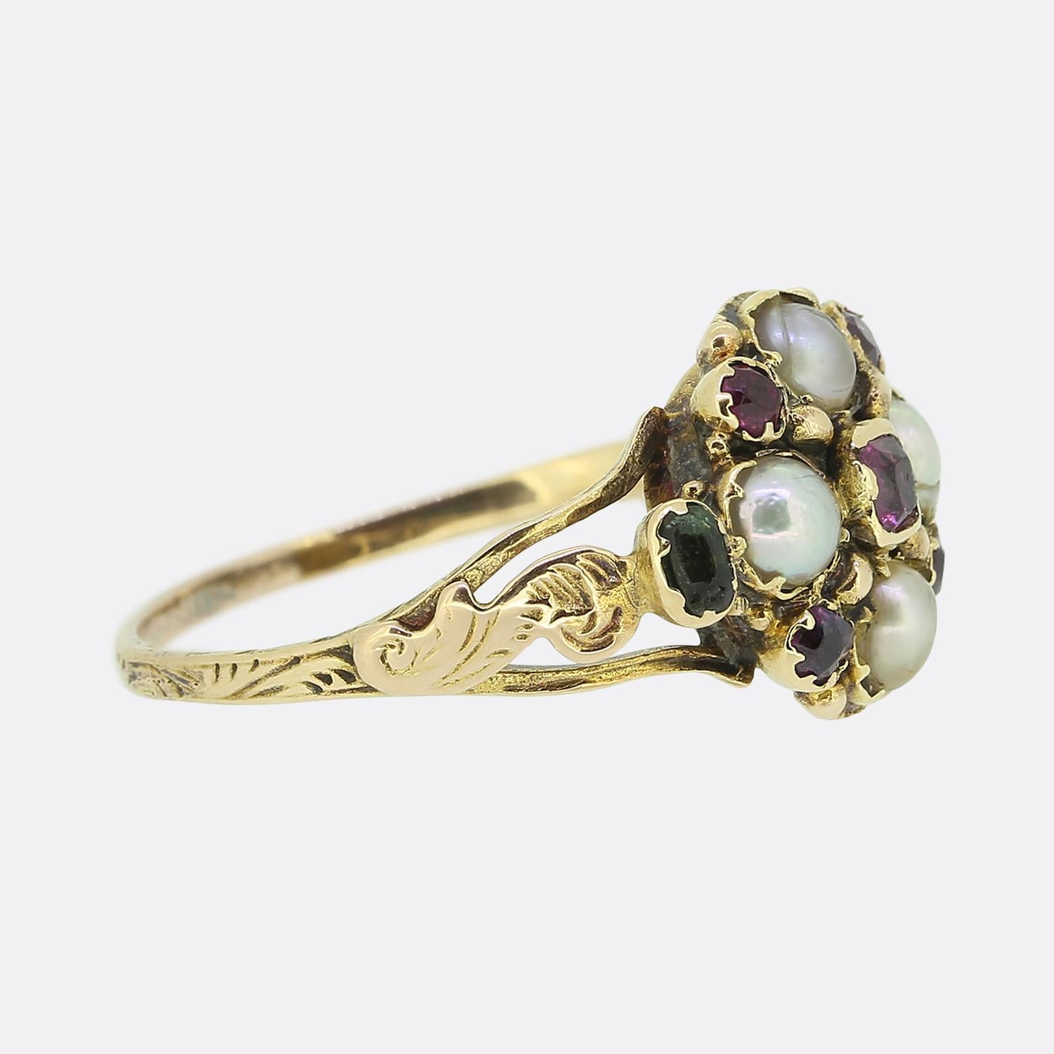 Georgian Pearl Garnet and Emerald Cluster Ring