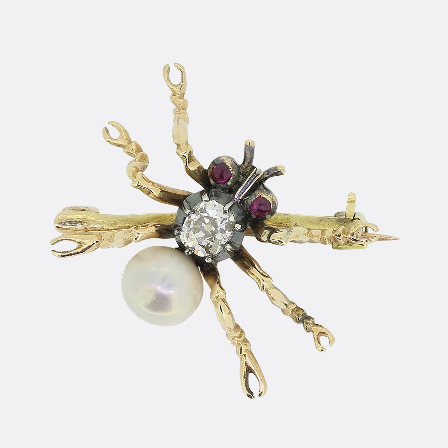 Antique Ruby Pearl and Diamond Bug Brooch