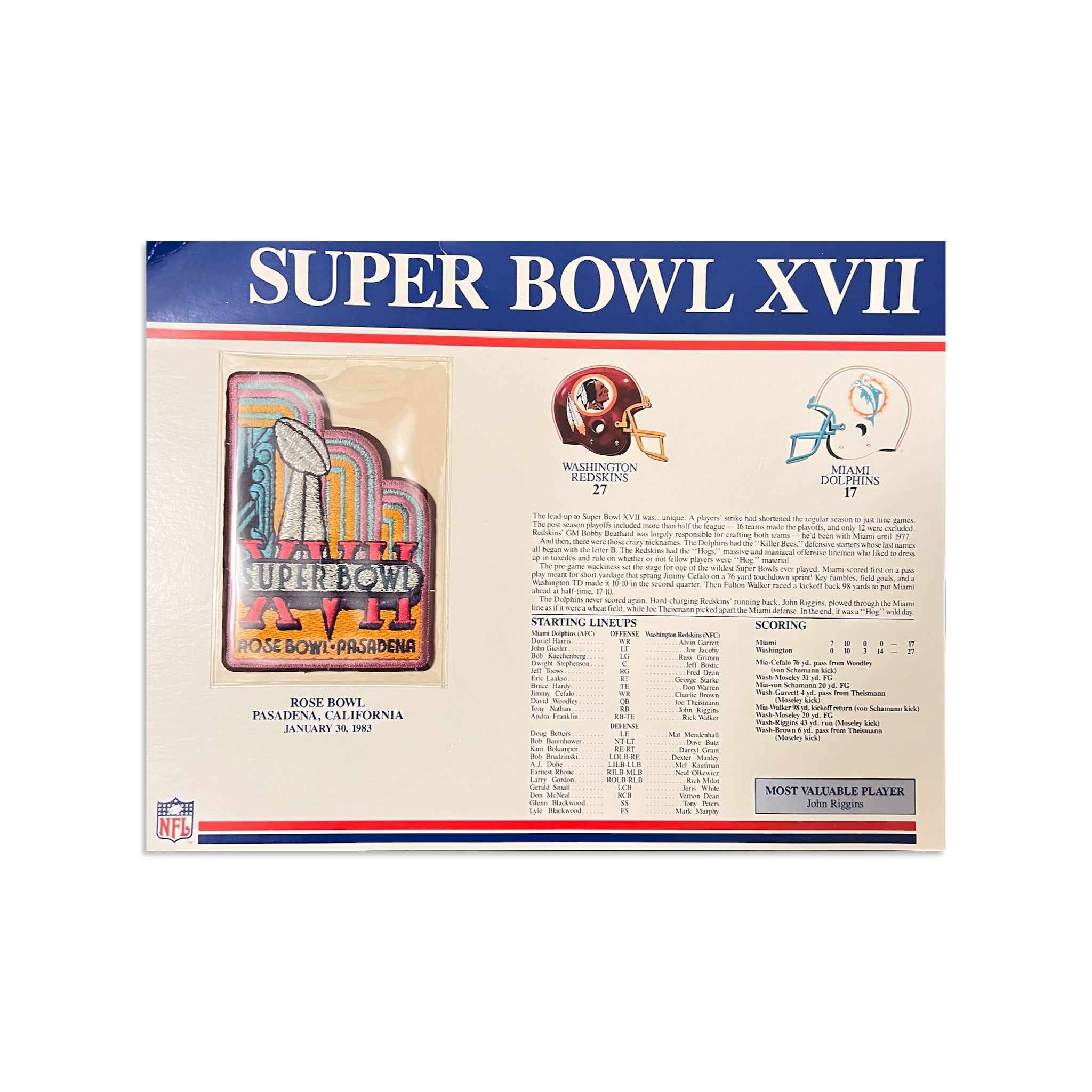 Vintage Super Bowl XVII Redskins vs Dolphins Authentic Patch